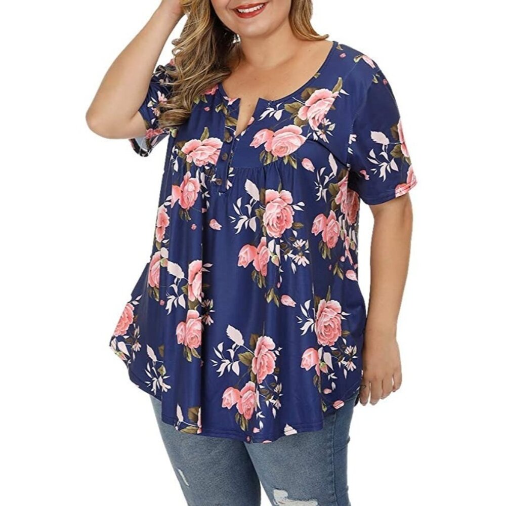Women's Plus Size Henley Shirts Floral Tunic Tops Short Sleeve Blouse